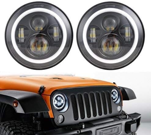Jeep 7” LED Black Headlight Set With White Halo Angel Eye Ring DRL & Amber Turn Signal Lights fits Jeep Wrangler JK LJ CJ REPLACES ANY 7" HEADLIGHT