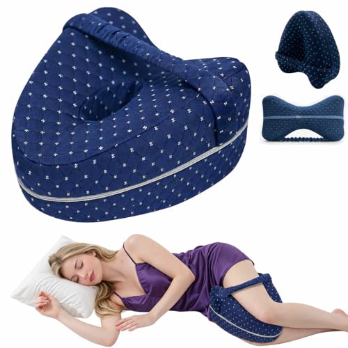 Drawpro Knee Pillow for Side Sleepers Hip Pain Alignment Pillows for Side Sleepers with Adjustable Strap Leg Pillow for Side Sleeping Shaped Memory Foam Pillows Relieving Leg Back Knee (Blue)
