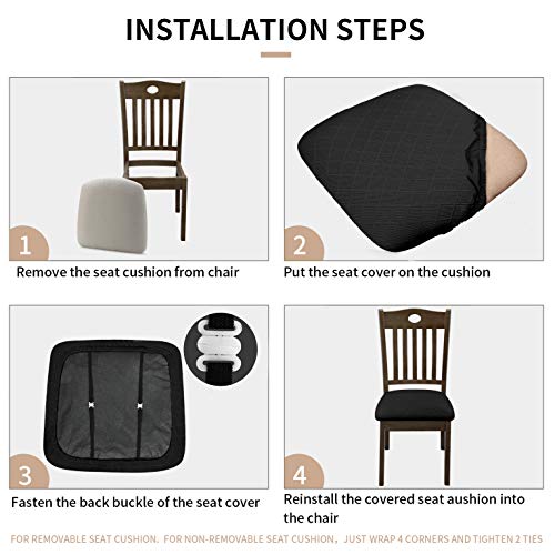 Gute Chair Seat Covers, Dining Room Chair Seat Covers with Ties, Stretch Jacquard Chair Covers Protectors for Dining Room Kitchen Chairs - Set of 4, Rhombic, Black