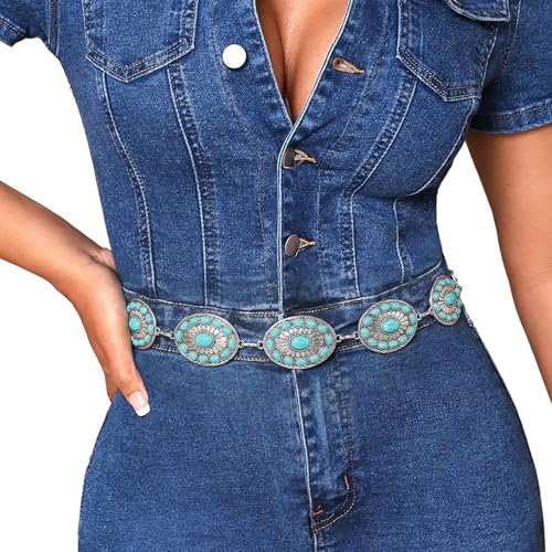 XZQTIVE Western Metal Concho Turquoise Belt for Women Cowgirl Silver Waist Chain Belt for Dresses Jeans Country Concerts