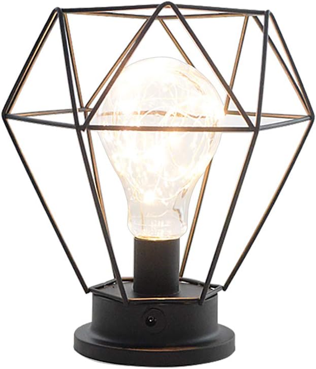 Table Lamp Vintage Cage Style Desk Light for Bedroom Industrial Metal Bedside and Table Lamps Warmwhite Battery Operated Lighting with Bulb for Living Room Bedroom Office Indoor Outdoor Black