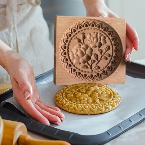 Wooden Cookie Molds Cookie Stamps: 3D Carved Wooden Cookie Cutter Embossing Mold, DIY Biscuit Press Stamp Gingerbread Mold, Chocolate Stamp Mould, Provance Rose Cookie Stamp (Rose hips)
