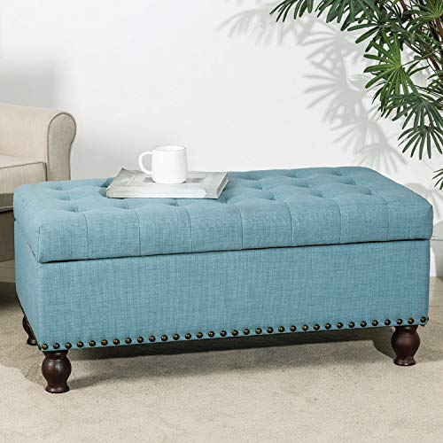 Asense Fabric Rectangle Tufted Lift Top Storage Ottoman Bench, Footstool with Solid Wood Legs, Nail-Head Trim