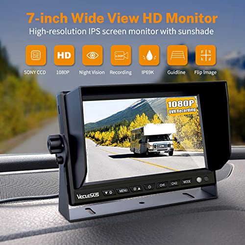 Image of Backup Camera System for Truck, VECLESUS DVR System with Brand V300 chip,VDS HD 1080P 7-Inch Backup Camera System, Waterproof Rearview Camera,4 Video 2 Audio Inputs, for Trucks, RVs,Vans,UVs,Cars