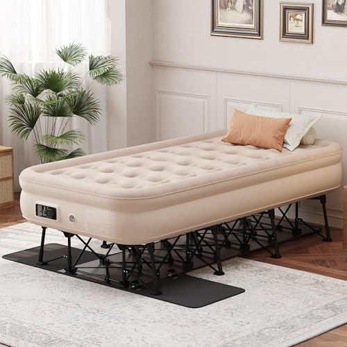 YITAHOME Twin Air Mattress with Frame and Rolling Case, Inflatable Air Bed with Built-in Pump, for Guests Camping and RV, Easy Carry Case, Brown, Inflated Size 75''L x 39''W x 24''H