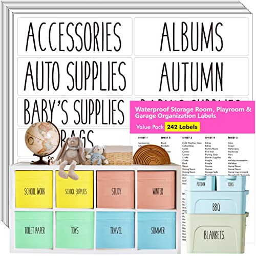 Hebayy 242 Storage Room, Playroom & Garage Labels,220 Preprinted Waterproof Oil&Tear Resistant Removable Stickers, 22 Blank Ones, No Residue For Bins & Boxes Holiday & Essential Organization #TOP6