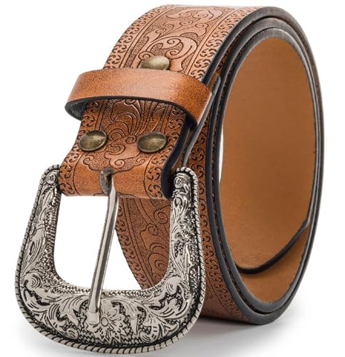 YCMI Vintage-Western-Style Belts for Women and Men - Cowboy-Engraved Buckle Faux Leather-Belt - Brown-Belt For Jeans Everyday Wear