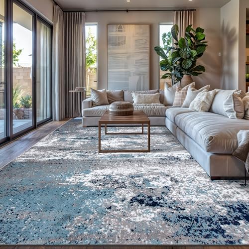 Rugshop Modern Distressed Blue Abstract Area Rug Bohemian Inspired Watercolor