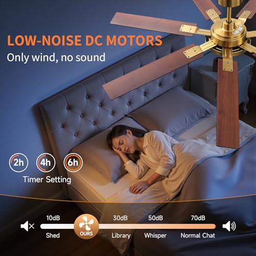 Image of 64 Inch Ceiling Fans with Lights and Remote, Bedroom Living Room Office Library Cafe Outdoor Industrial, 5CCT Dimmable, Dual Color 7 Blades, 6 Speed Reversible Quiet DC Motor, Gold /Wood Grain