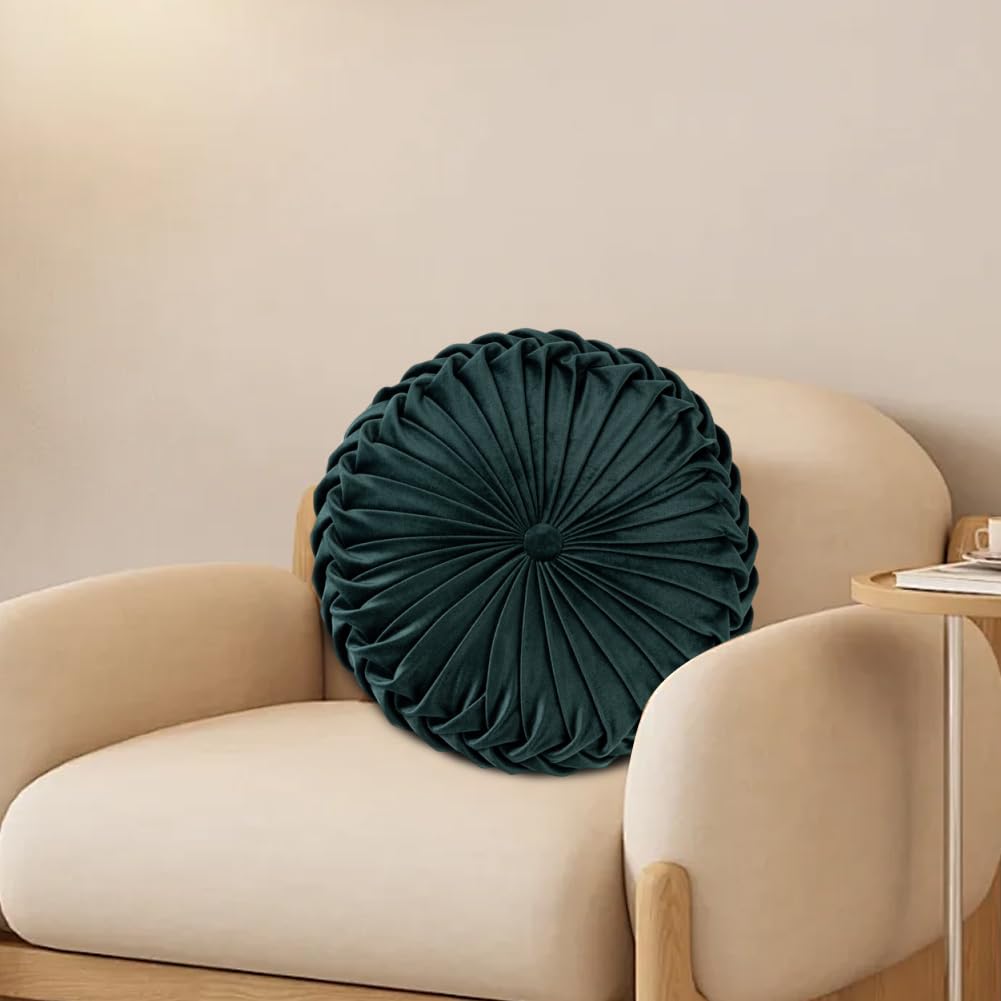 JOYWU Round Pleated Throw Pillow with Center Button,35cm 3D Pumpkin Velvet Pillow Cushion for Couch Chair Bed Car,Pumpkin Boho Chair Cushion,Pleated Design Round Floor Pillows,1 Pcs (Dark Green)