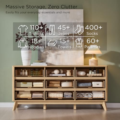 Image of T4TREAM 63 inch Wide Fluted 9 Drawer Dresser for Bedroom, Natural Oak | Mid Century Modern, Curved Profile, Metal Handles, Anti-tip Kit, Smooth Slides, for Living Room, Hallway