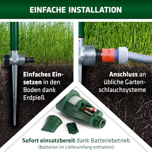 GARDIGO® Wasserstrahl Tiervertreiber I Vogelabwehr, Reiherschreck, Katzenschreck für Garten | PIR-Bewegungsmelder I Reichweite bis zu 10 m I Vogelschreck, Katzenabwehr, Hundeabwehr | Inkl. Batterien