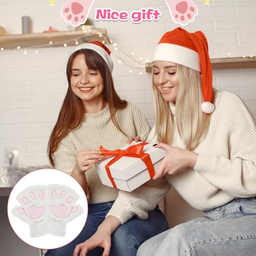Tyqour Fingerlose Handschuhe Damen Weiße Katzenpfoten Plüsch Halb Handschuhe Winterhandschuhe