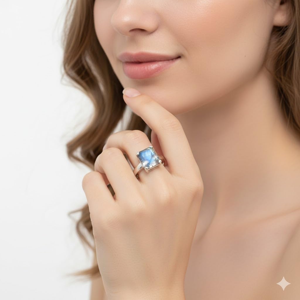 Ring mit natürlichem Edelstein, Silber, Geburtsstein, Smaragdschliff, Handamde, Größe H bis Z
