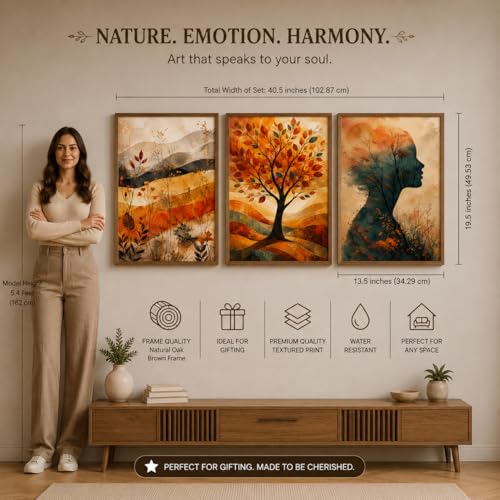 Image of Livin'luxe Set of 3 Abstract Autumn Tree Women Wall Paintings for Living Room Dining Bedroom Decor with Premium Wooden Color Synthetic Frame (13.5 x 19.5 Inch) NM03-89
