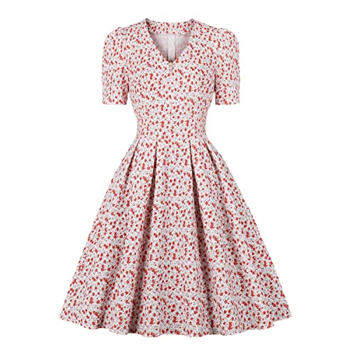 Vestido de Túnica Floral Vintage Mujer Elegantis Cuello V Manga Corta Banquete Fiesta Festivo Cóctel Rockabilly Verano Vestido Plisado Little Safflower M Cover