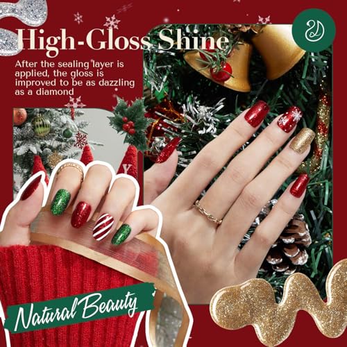 Image of AZUREBEAUTY Nail Polish Set, 4 Colors Christmas Glitter Red Green Gold Silver Quick Dry Natural Fingernail Lacquer Strengthening Treatment Kit with Top Coat DIY Salon at Home