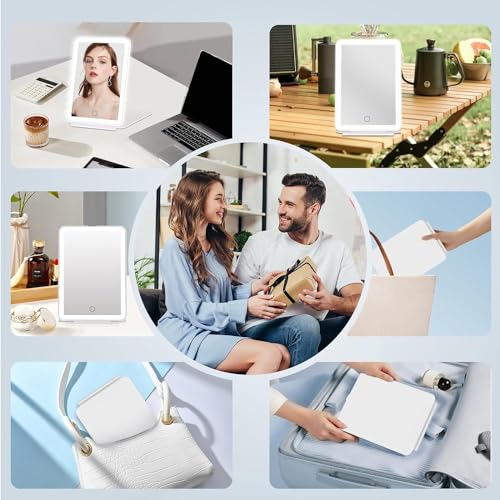 Image of Prime Pick Glow Pro Vanity Mirror Rechargeable ABS Makeup Mirror LED Light 3 Color Lighting Dimmable Touch Control Portable Travel Cosmetic Mirror for Women White Rectangular