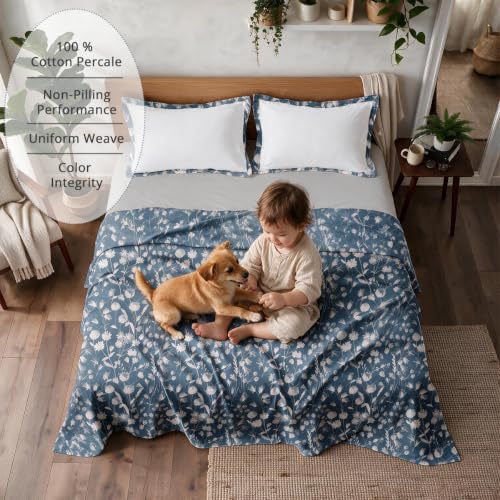 Image of Linen Home Cotton Percale Flat Bedsheet Set King Size Blossomy Blue
