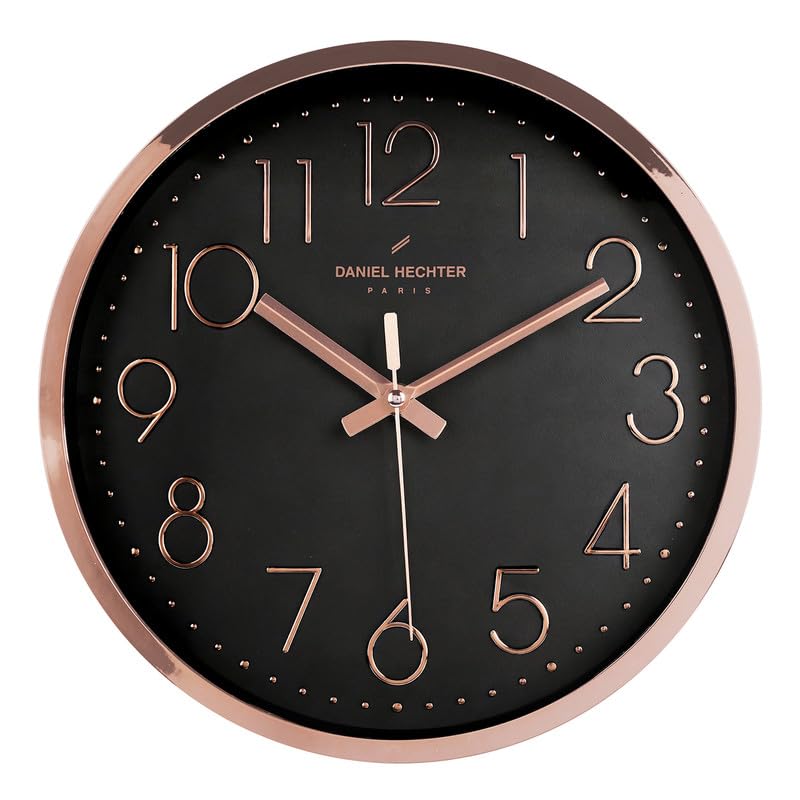Daniel Hechter Paris Adour Collection Wall Clock, Silent Sweep Non-Ticking, 12 inch(30cm) HD Glass Black Dial, Rose Gold Plastic Frame, 3D Numerals, Modern Decorative Clock for Home & Office