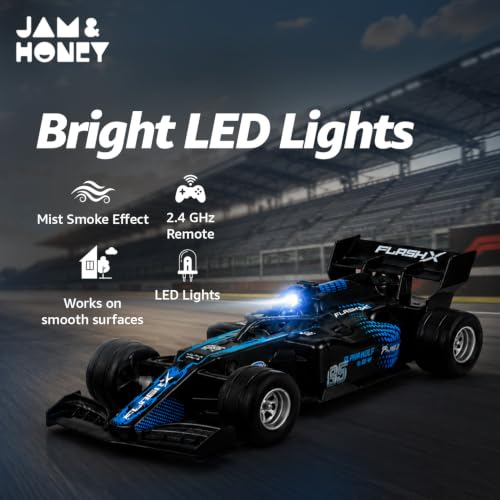 Image of Amazon Brand - Jam & Honey Formula F1 RC Racing Car for Kids | 2.4GHz Remote (100+ ft Range) | Mist Smoke Effect | LED Lights | USB Type-C Rechargeable | Multi-Direction Control | Black|4+ Years