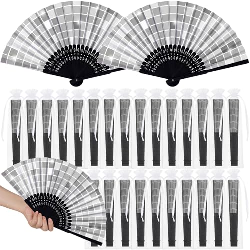 Memorywuu 25 Pcs Disco Folding Hand Fan Bulk with Organza Bags Disco Party Favors for Guest Foldable Handheld Paper Fans for Line Dancing Wedding Bachelorette Birthday Dance Music Party Supplies Decor