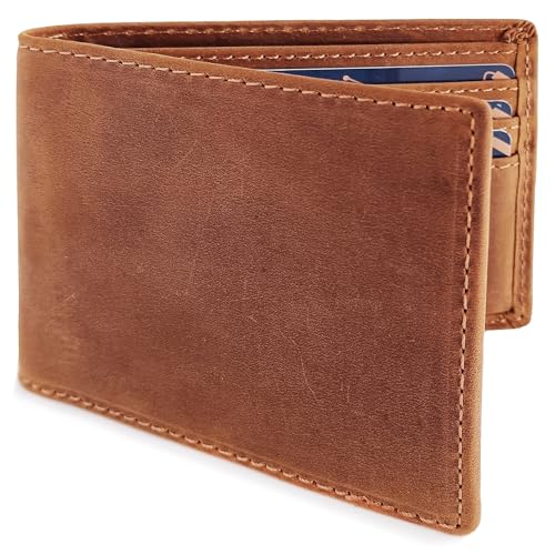 Men's Wallets Leather RFID Blocking Ultra-Thin Bifold | Minimalist Front Pocket Travel Wallet for Men with Card Holder & Money Slot – Yellowish Brown