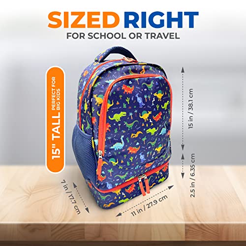 Dinosaur Backpack With Lunch Box For Boys, Cute 15” Boy Backpacks And Integrated Lunch Bag With Water Bottle Pocket Holder, Insulated Padded Travel Bags Boxes For Elementary School Kids, Blue Dinosaur #TOP2