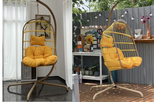Indoor Outdoor Egg Chair With Stand And Oxford Cover Folding Patio Wicker Hanging Swing Chair (Yellow) #TOP7