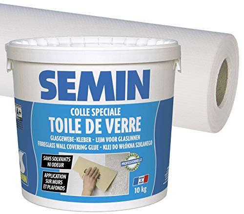 Semin Colle murale pour toiles de verre et revêtements muraux légers, Pâte, Blanc, Seau 5 kg, Toile de verre pour murs et plafonds, Motif Maille, 25 m x 1 m