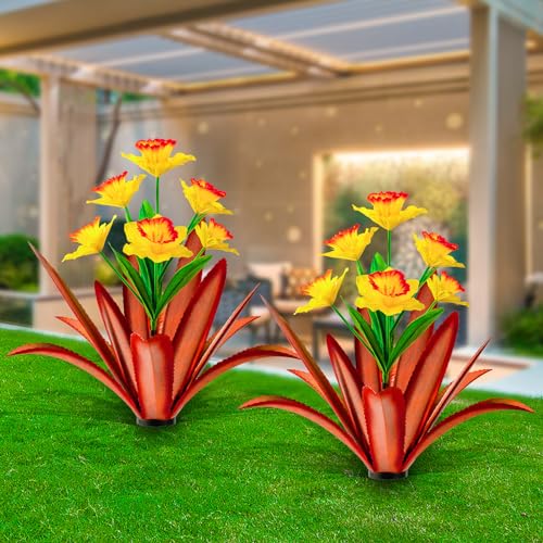 Image of TOMBABY Huge Metal Agave Plants Outdoor Decoration Outdoor Garden Decorated with Flowers Mexican Yard Art Plant Garden Gift (Yellow 2 Pack)