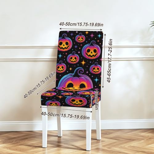 Image of Halloween Neon Pumpkin Dining Chair Covers Set of 4 Slipcover