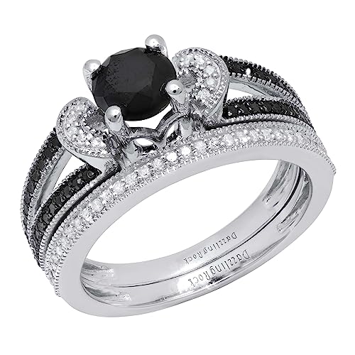 Dazzlingrock Collection 6mm Round Black Diamond & White Diamond Solitaire Style Collar Split Shank Wedding Ring Set for Her in 925 Sterling Silver