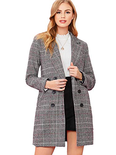 SheIn Women's Lapel Collar Coat Long Sleeve Plaid Blazer Outerwear X-Large Plaid Grey