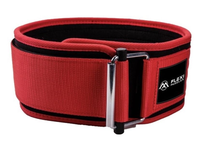 Flexi Muscles Quick Lock Weightlifting Belt - Adjustable Back Support with Metal Buckle - Ideal for Powerlifting, Cross Training, and Olympic Lifting - Durable Gym Belt for Men & Women (Red, L)