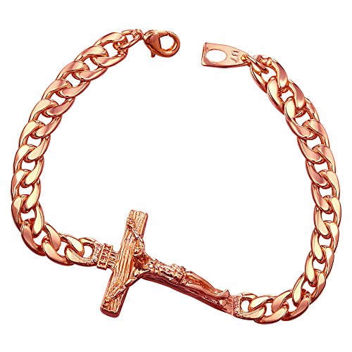 U7 Rose Gold Plated 7mm Cuban Chain Vintage Crucifix Charm Link Bracelet, 8.3"