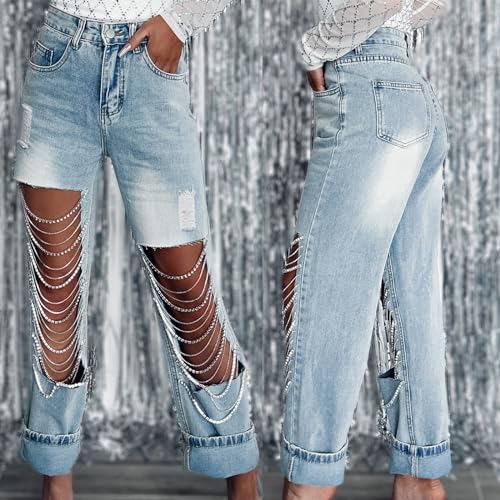 CHARTOU Women Ripped Jeans Straight Leg Denim Pants Cut Out Distressed Chain Rhinestone Jeans with Holes Y2k4