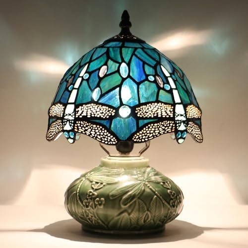 Stained Glass Tiffany Mushroom Table Lamp – Sea Blue Dragonfly (8×11in)