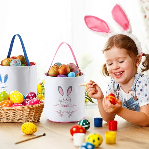 Image of Talltalk 6 Pieces Easter Bunny Basket Bulk for Kids Canvas Rabbit Egg Print Bucket Tote Bags for Boys Girls Gifts Egg Hunts Decorations Favors Carry Candy Storage