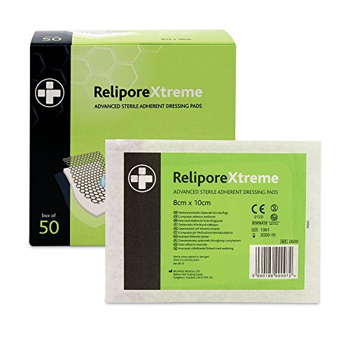 Reliance Medical Sterile Relipore Xtreme Adhesive Dressing Pads for High Exudate Wounds with Unique Absorbency Technology, 10 cm x 8 cm, Box of 50