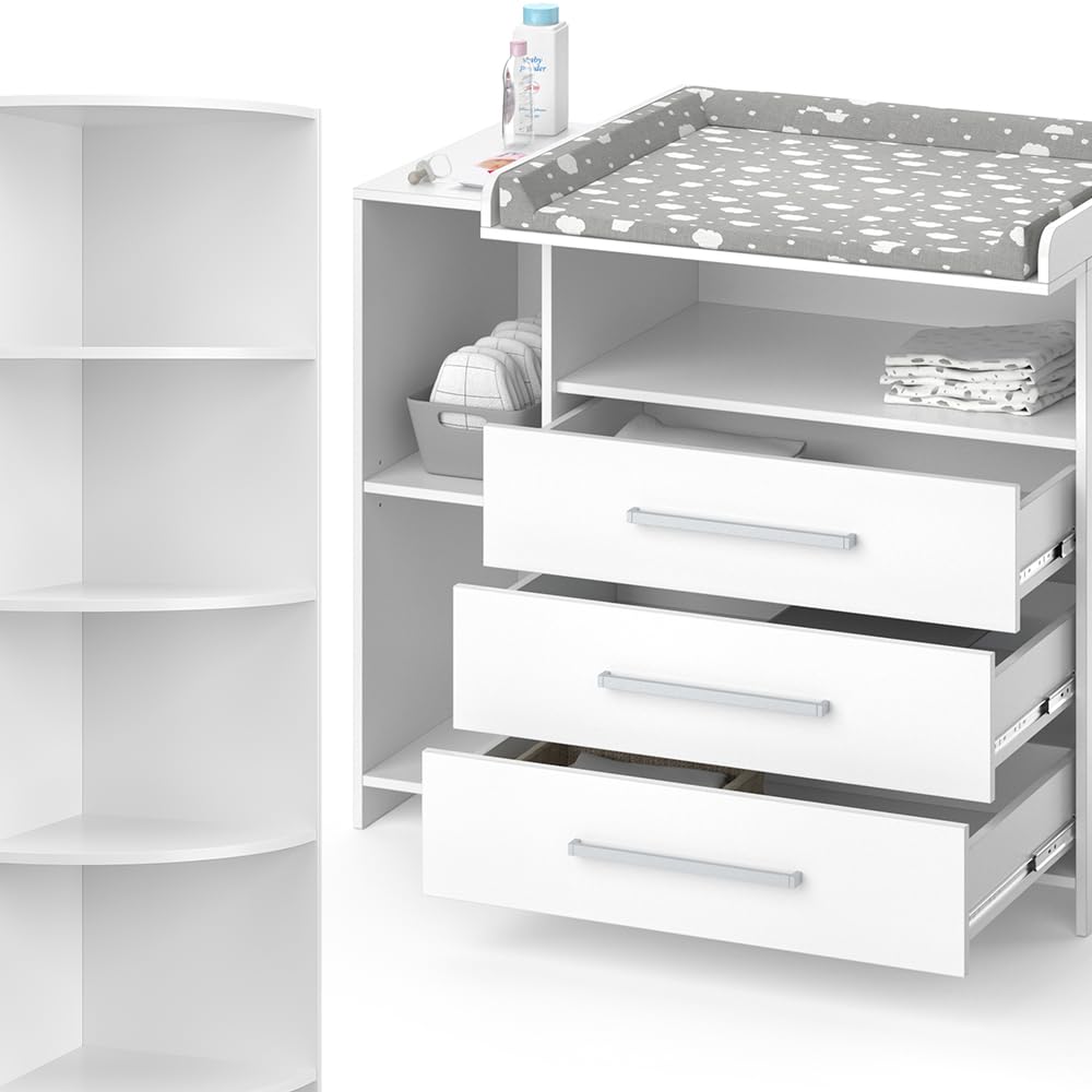 Vicco Juego de Cuarto de bebé Oskar, Blanco, 2 Partes, con Cambiador y Estante para Juguetes, Convertible en cómoda Normal Tras retirar el Cambiador