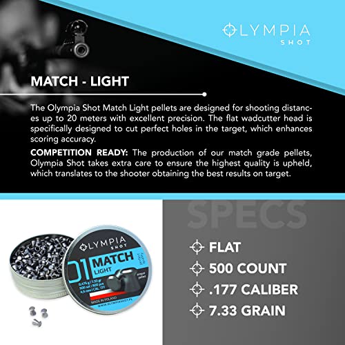 Olympia Shot Match Light Air Gun Pellets | .177 Caliber (4.5 Mm), 7.33 Gr | Flat Wadcutter Head For Competition Target Shooting | 500 Count #TOP1