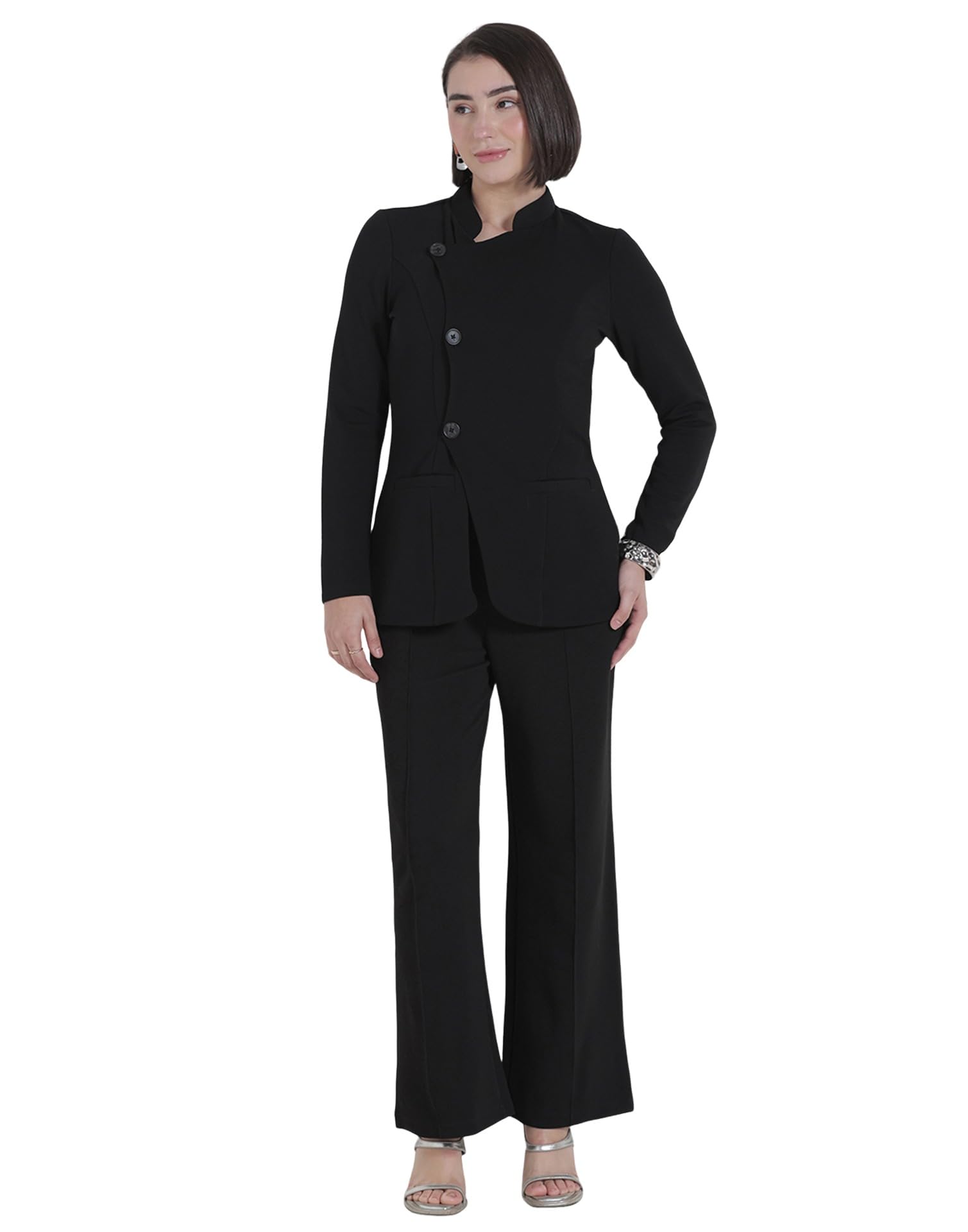 Black Lycra Co-ord Set for Women, Asymmetric Button Top and Trouser Pant-image-10
