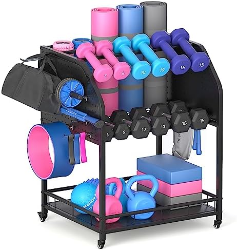 Dumbbell Rack, Home Gym Storage Rack Weight Stand, Gym Organization For Dumbbells Kettlebells Yoga Mat And Balls, Workout Equipment Storage Rack With Wheels, Side Hook Pegboards Enable You To Hang More Items