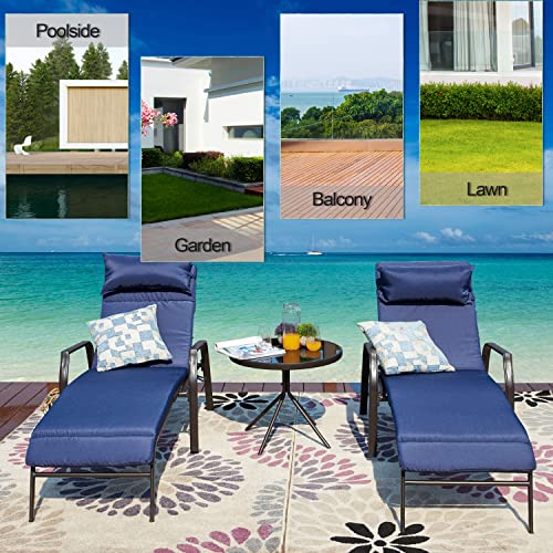 Lokatse Home 3 Pieces Outdoor Patio Chaise Lounges Chairs Set Adjustable With Folding Table, Dark Blue Cushions #TOP4