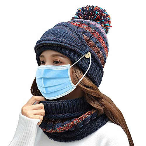 Women Winter Hat Scarf Mask 3 in 1 Fleece Lined Knitted Warm Beanies Hats Scarfs Set with Pompom (Navy Blue)