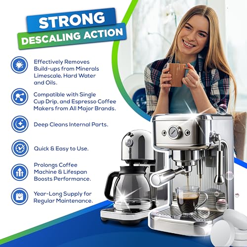 Image of Coffee Machine Descaler Tablets - 24 Count, Coffee Maker Cleaner Tablets Compatible with All Major Brands Including Breville, Nespresso, Keurig, Ninja, Philips,Miele, Delonghi & more