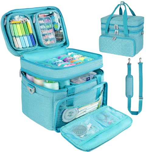 Jamiukro Trousse de Rangement pour Accessoires de Couture avec bandoulière, Sac de Rangement Double Couche avec 2 Pochettes Amovibles pour Accessoires et...