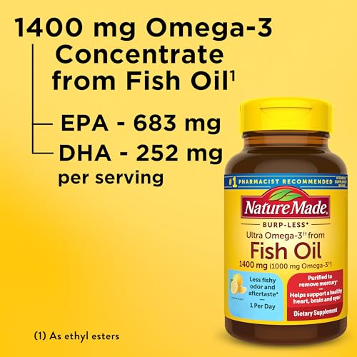 Image of Nature Made Burp Less Ultra Omega 3 Fish Oil Supplement 1400mg, 45 Softgel | Fish Oil Omega 3 Supplements as Ethyl Esters for Healthy Heart, Brain, Eyes and Mood Support, One Per Day, 45 Day Supply