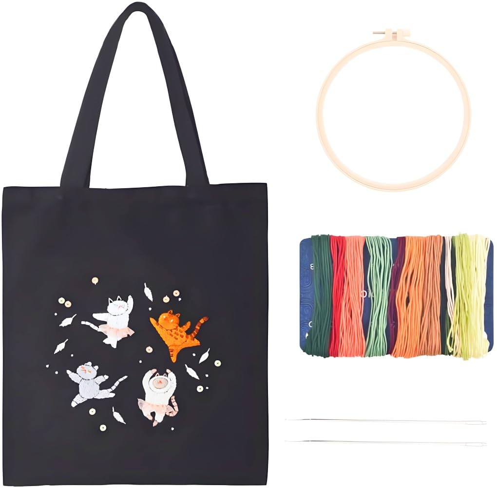 YEESAM ART DIY Embroidery Kit - Bird & Flowers Canvas Tote Bag With Hoop & Patterns For Beginners